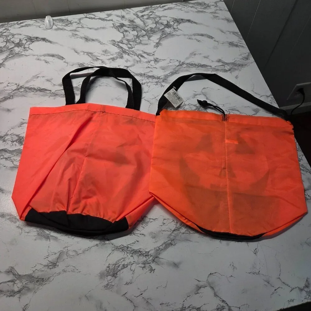 Bright Orange Pumpkin Face Drawstring Handle Trick or Treat Bags ( Set of 2 )